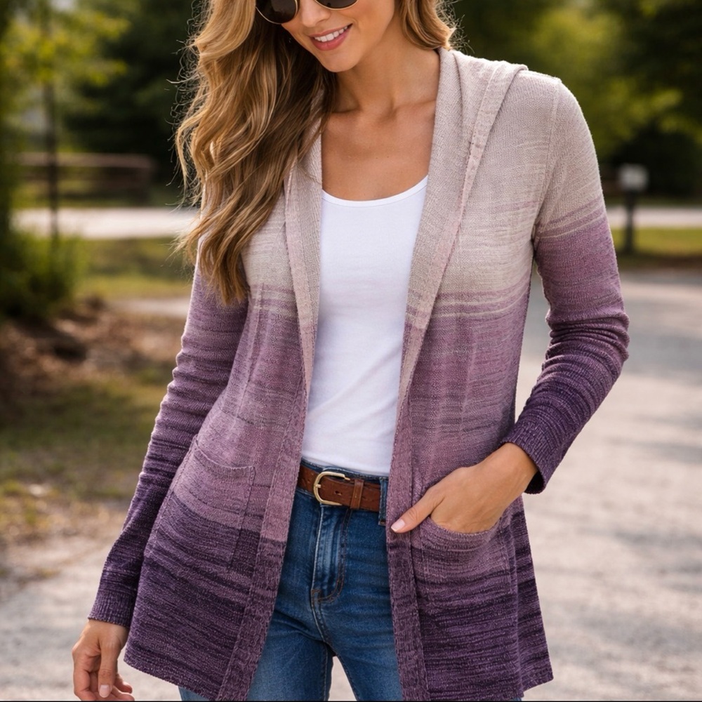 WOMEN’S STYLE & CO PURPLE OMBRÉ HOODIE DUSTER SWEATER CARDIGAN XL
